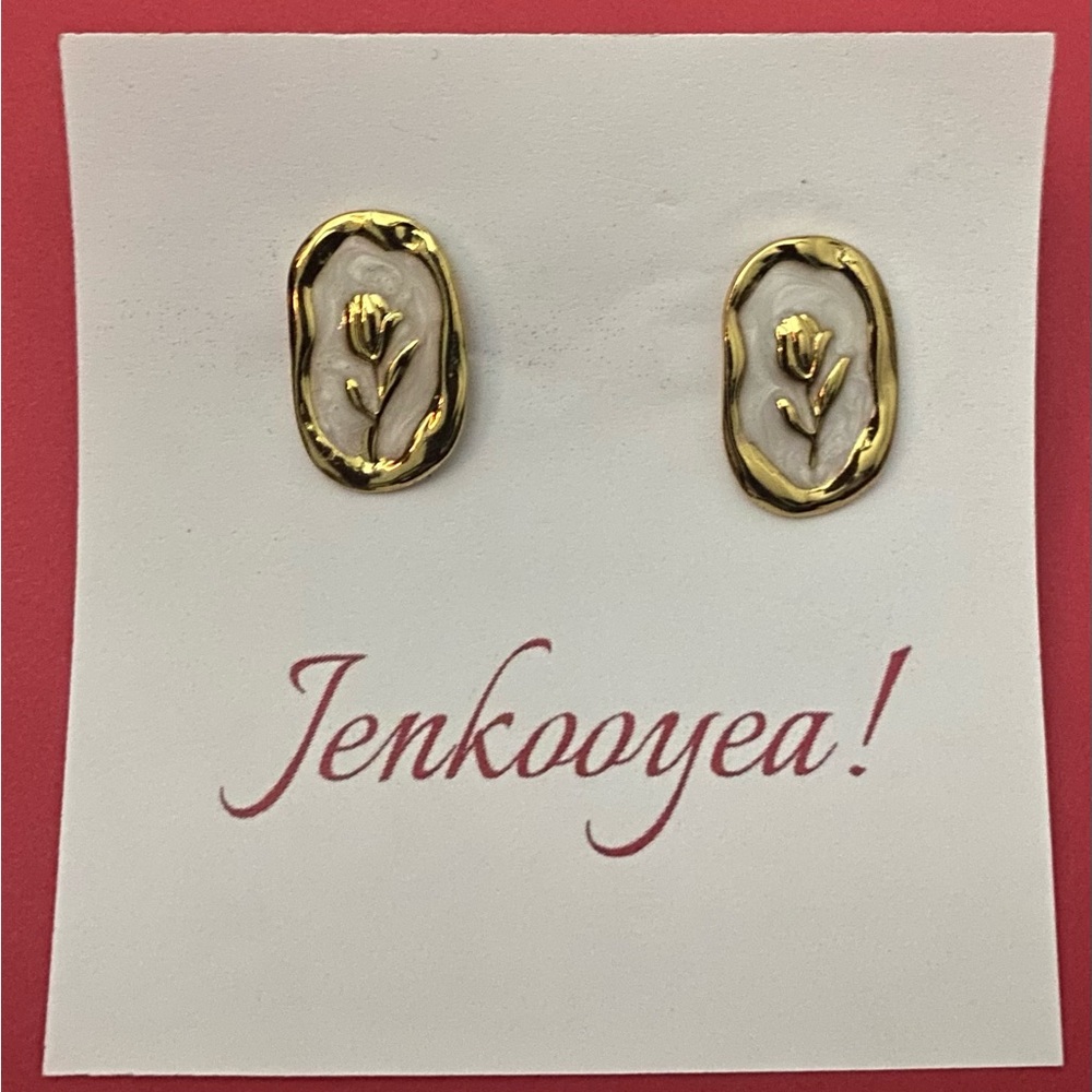 Gold and White Floral Earrings
